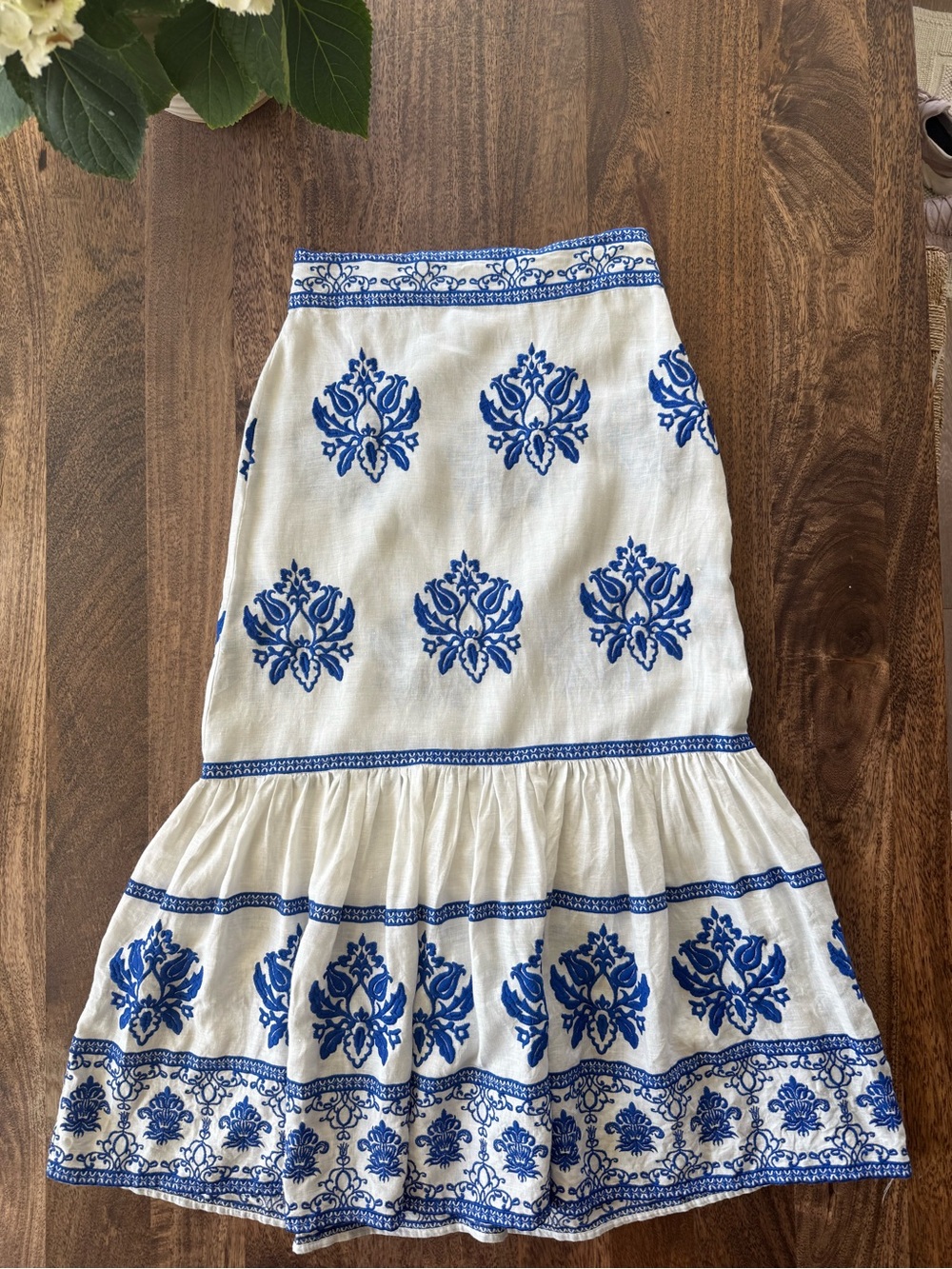 Zara Blue & White Embroidered Linen Midi Skirt - Size Small